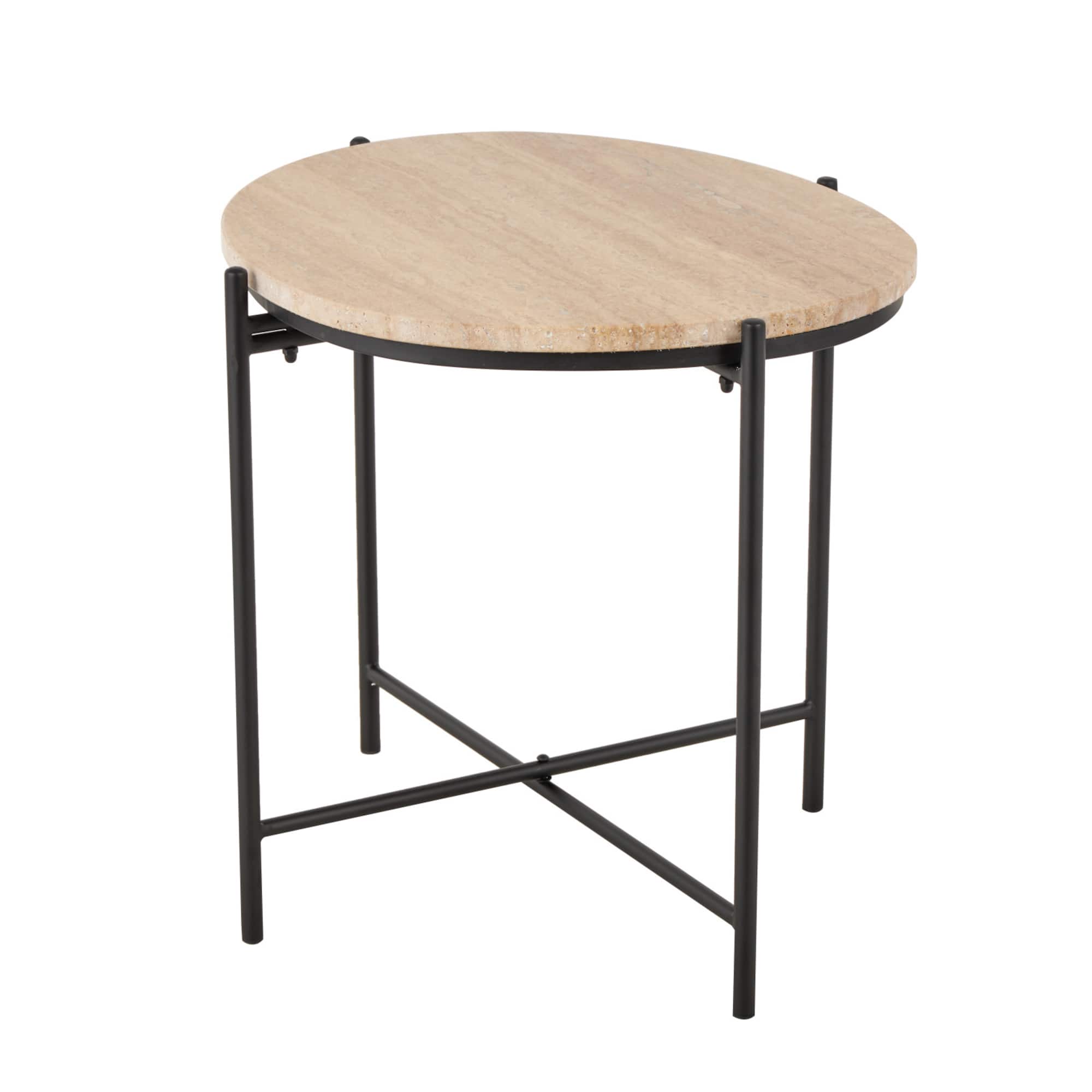 19.75" Beige Marble Accent Table with Black Metal Support